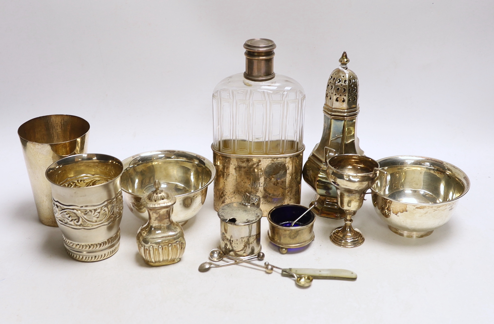 Sundry small silver including a George V sugar caster, small trophy cup, two small spoons, a fruit knife and three condiments, together with a pair of Chinese Wai Kee sterling bowls, two white metal vases and a French wh